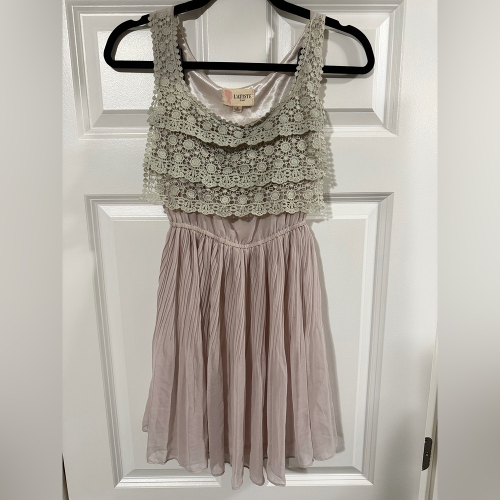 EUC L’’atiste Boho Blush Pink & Crochet Dress Size S